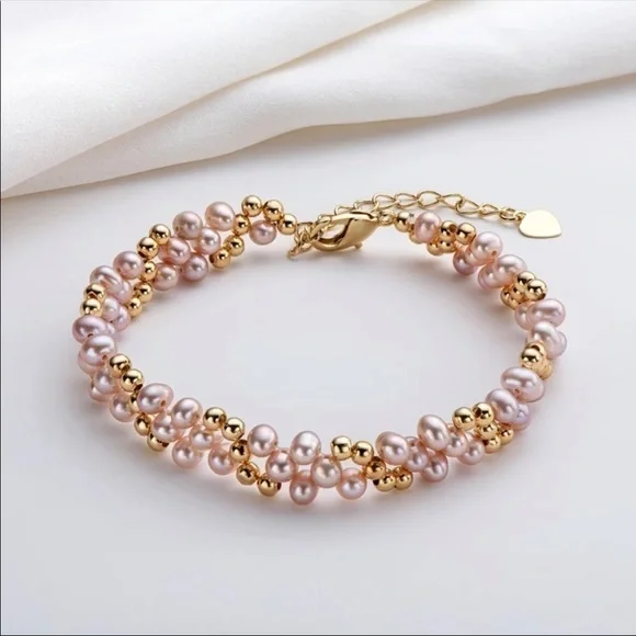 14K Gold Filled layered Bracelet 4-5mm Pink Pearl hypoallergenic tarnish free - Picture 5 of 7